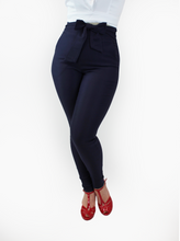 Load image into Gallery viewer, Tie Waist Navy High Waist Cigarette Pants