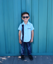 Load image into Gallery viewer, Boy's 1950s Vintage-Inspired Bowler Shirt | Blue Panel Retro Dapper Top