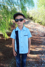 Load image into Gallery viewer, Boy's 1950s Vintage-Inspired Bowler Shirt | Blue Panel Retro Dapper Top